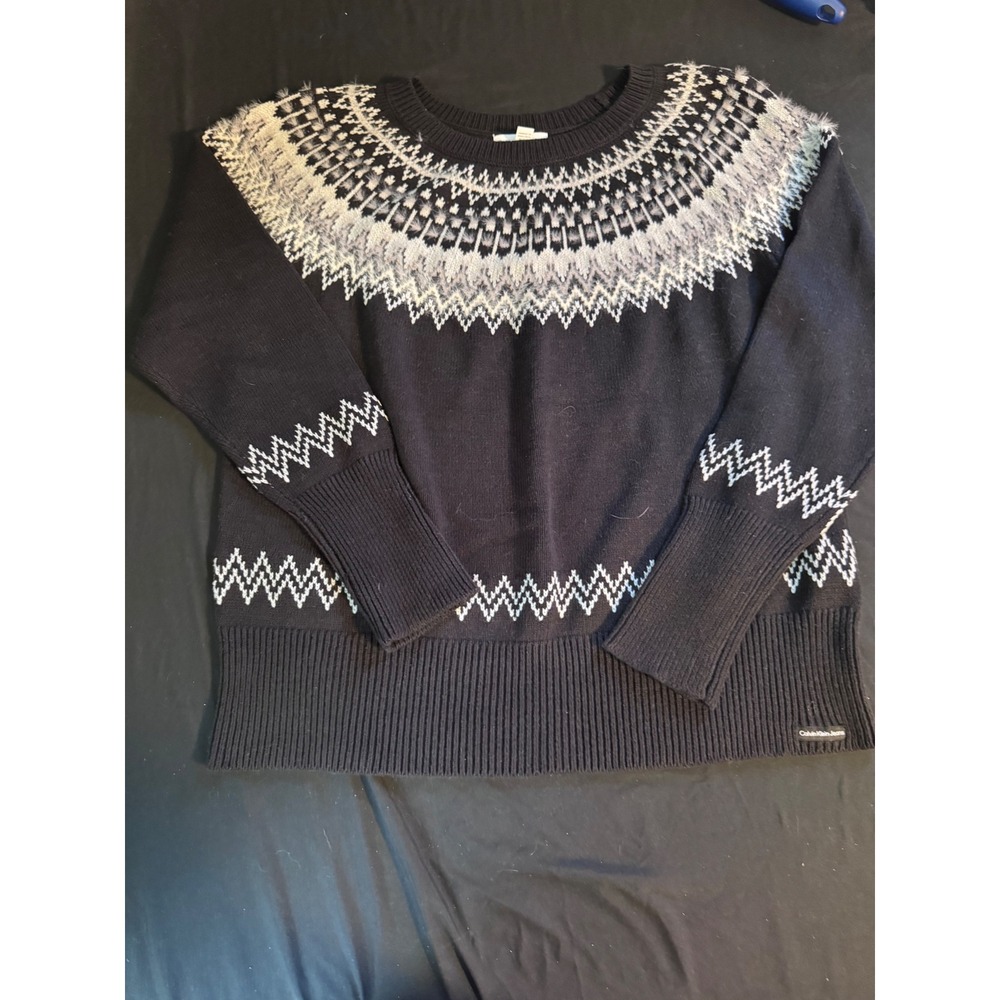 Calvin Klein Jeans Womens XL Black White Fair Isle Eyelash Knit Sweater Pullover